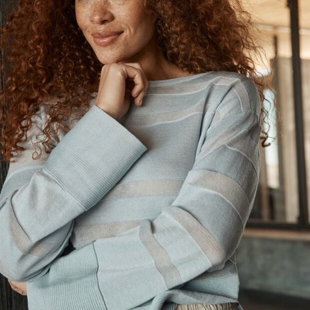 NWT Haven Well Within ‘Organic Cotton Sheer Stripe Bateau Neck Sweater’ in Blue